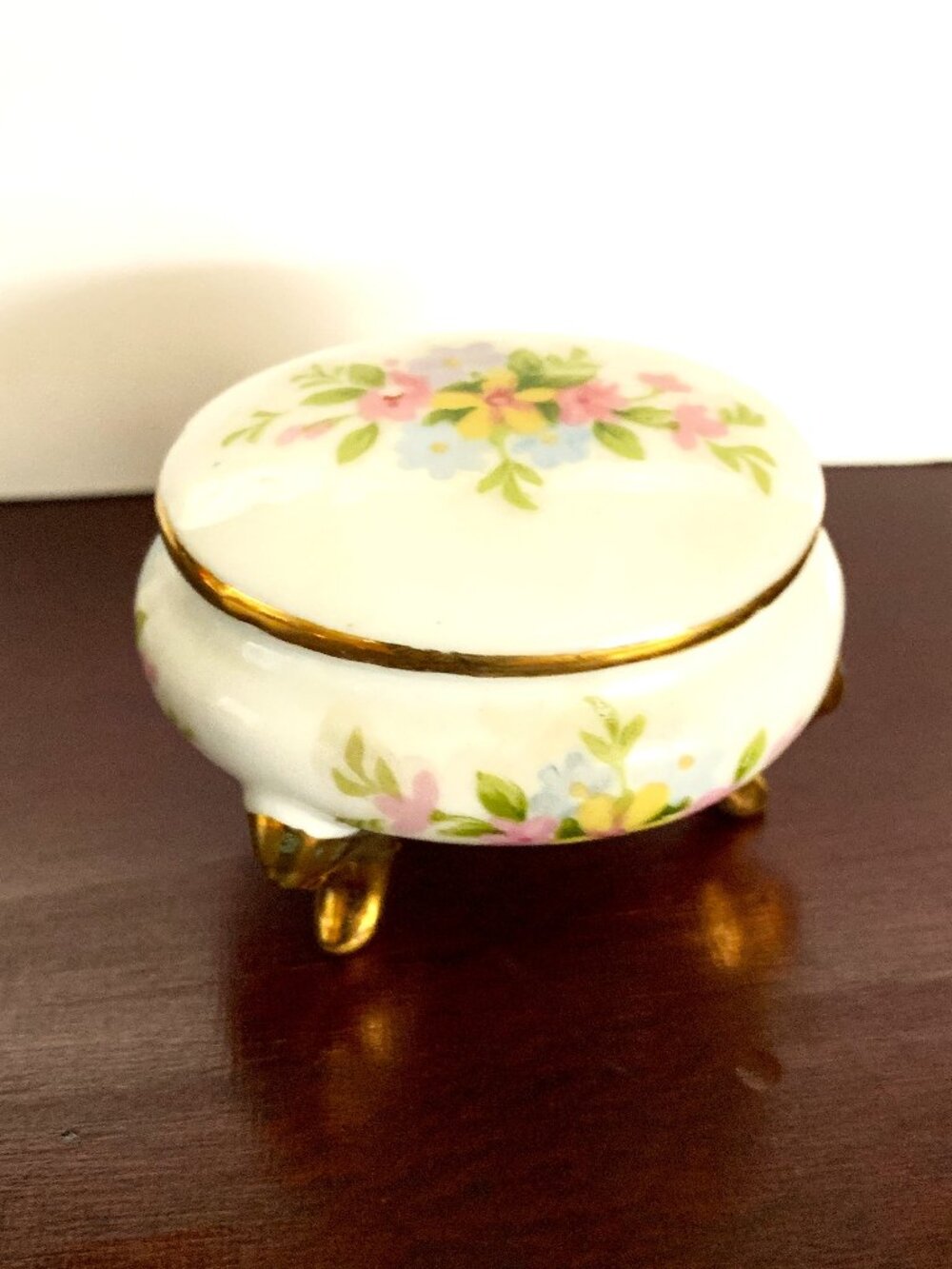 Vintage Hand Painted Floral Porcelain Trinket Box with Lid - Gold Trim and Feet